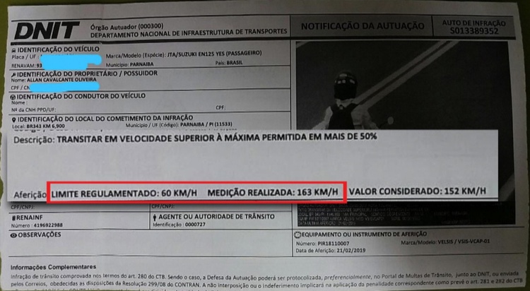 Radar registrou velocidade muito acima do permitido.