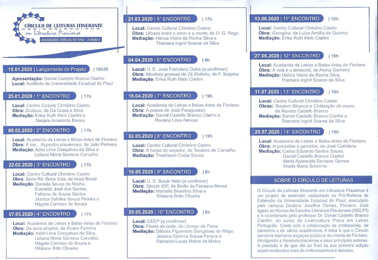 Programação do Círculo de Leituras Itinerantes em Literatura Piauiense.