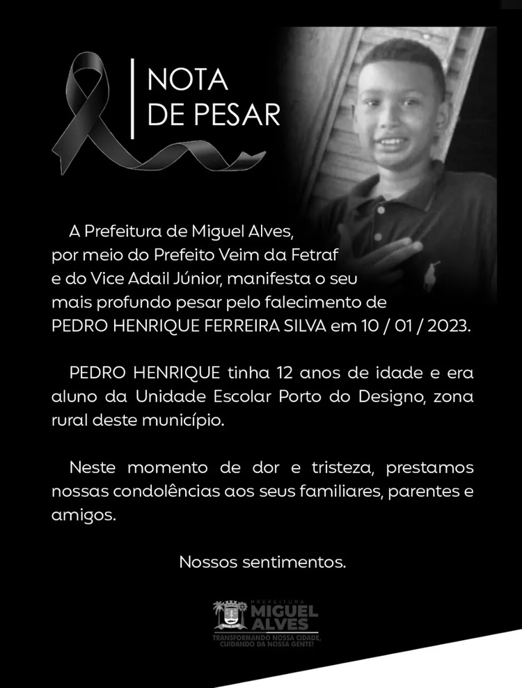 Nota de pesar da Prefeitura de Miguel Alves