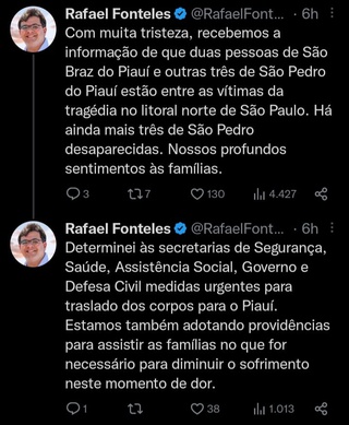 Governador Rafael Fonteles confirma vítimas piauienses em desastre no litoral de São Paulo.