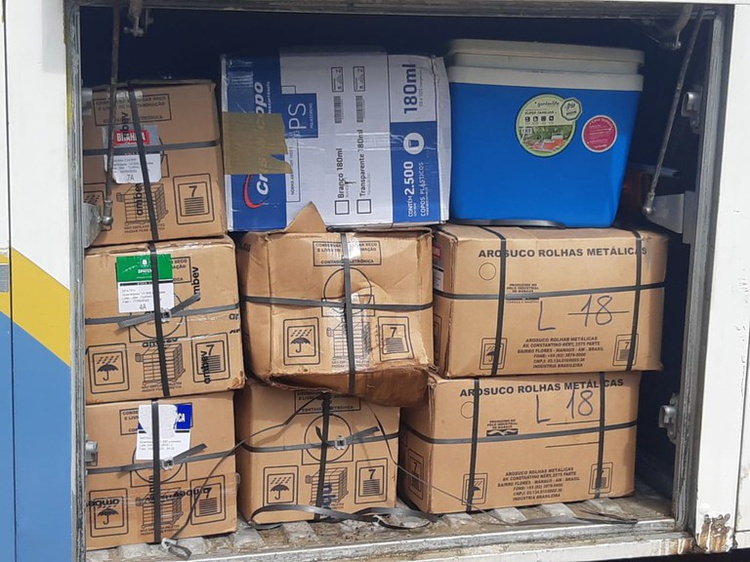 A carga era transportada em caixas de papelões no compartimento de bagagens de um ônibus que seguia para Brasília.