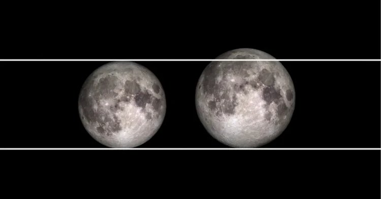Comparação da Nasa mostra diferença entre uma lua 'normal' e 'superlua', à direita.