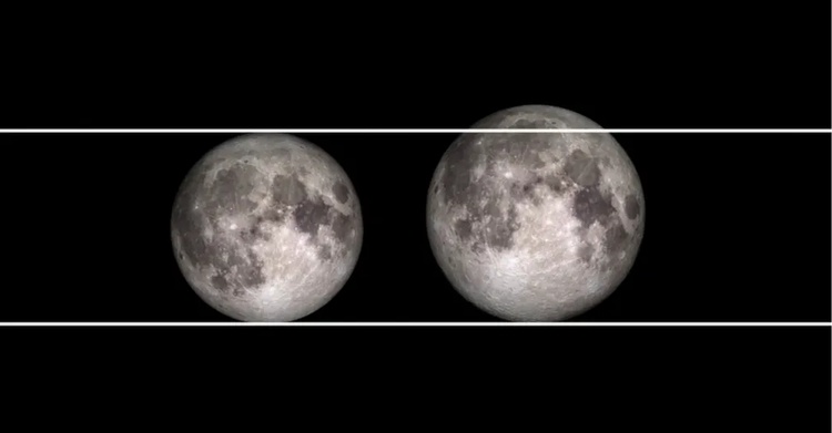Comparação da Nasa mostra diferença entre uma lua 'normal' e 'superlua', à direita.