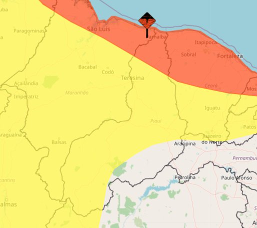 Mapa meteorológico divulgado pelo Inmet.