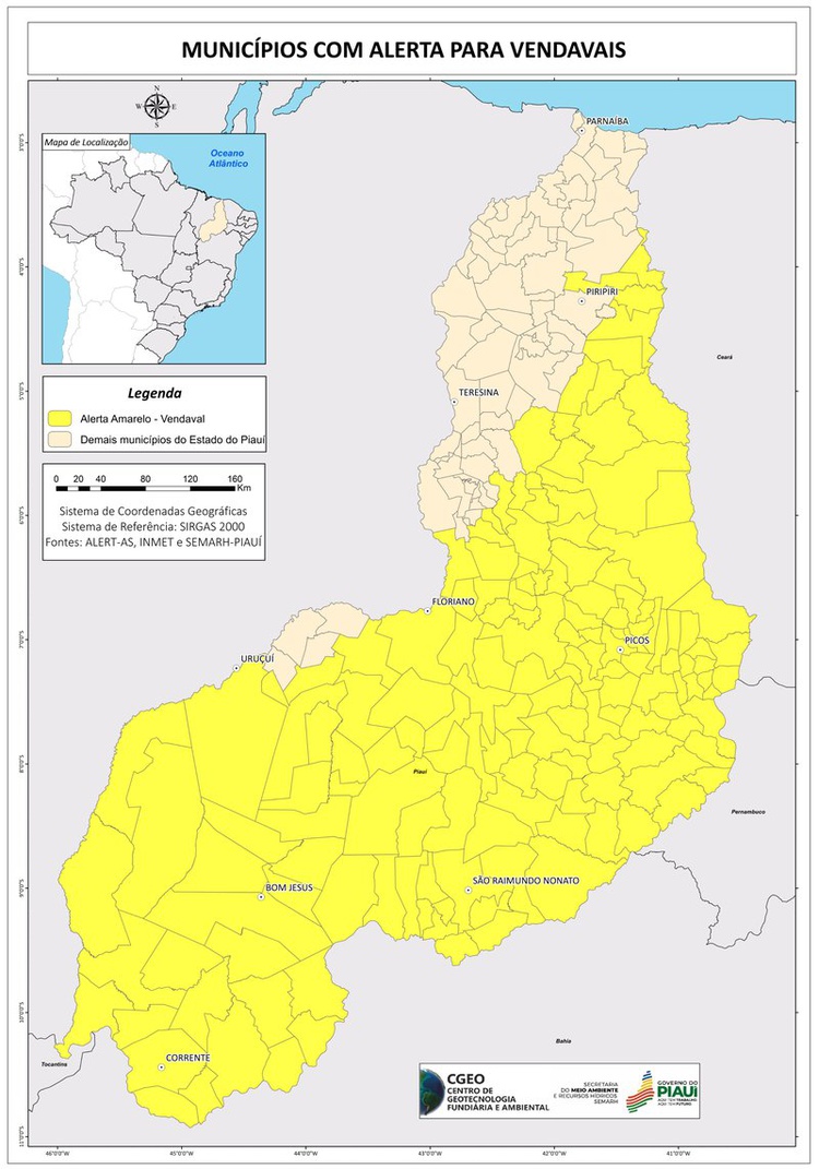Semarh publica alertas amarelo de vendavais no Piauí válidos de 20 a 21 de julho.