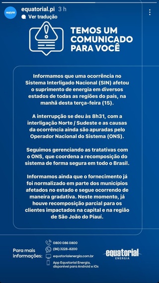 Nota divulgada nas redes sociais da Equatorial Piauí no início da tarde.