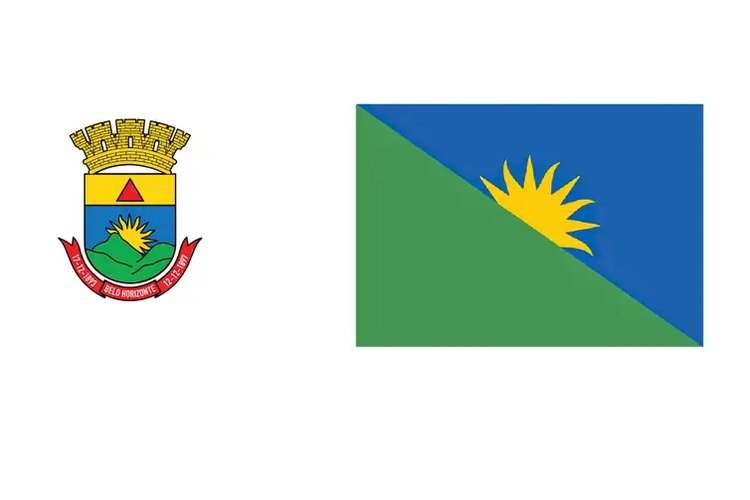 A proposta de uma nova bandeira para Belo Horizonte (direita) foi rejeitada pela maioria da população do município. Assim, fica mantida a bandeira atual (esquerda).