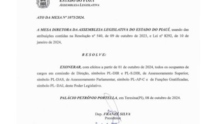 Assembleia Legislativa exonera funcionarios em cargos comissionados (Foto: Diario Oficial da Assembleia Legislativa do Piaui)