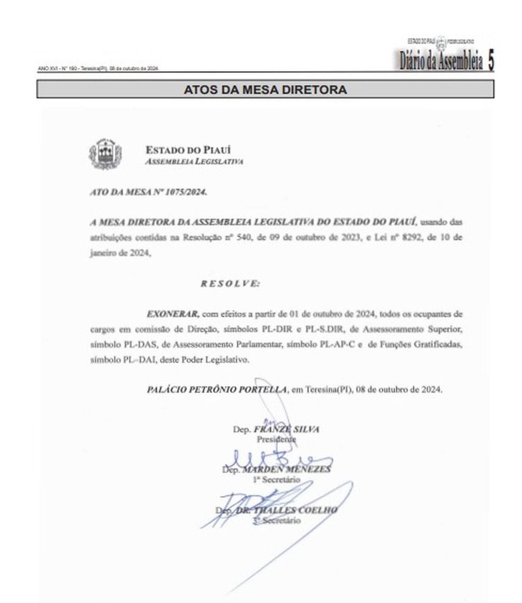 Assembleia Legislativa exonera funcionarios em cargos comissionados