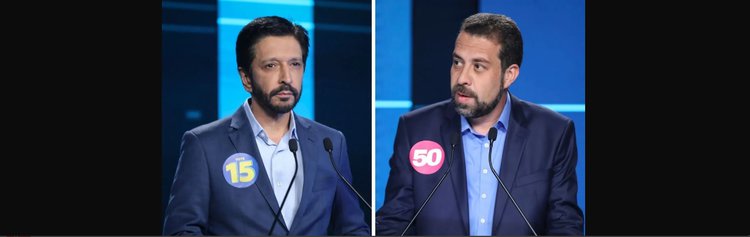 Os candidatos Ricardo Nunes (à esquerda) e Guilherme Boulos no debate da TV Record