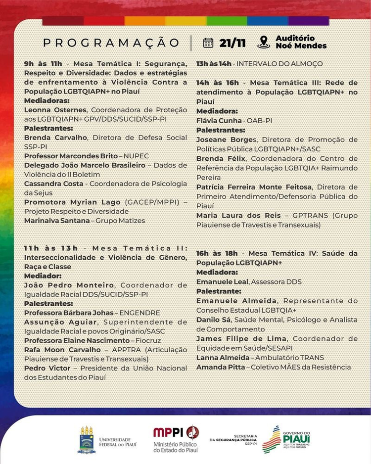 Programação do 1º Fórum de Monitoramento do Protocolo de Dados e Violência contra a população LGBTQIAPN+.
