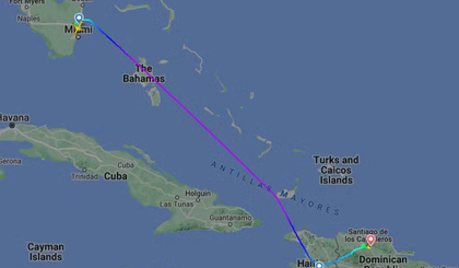 Registro do site FlightRadar24 mostra que aeronave da Spirit Airlines que teria de pousar em Porto Príncipe circulou a capital haitiana e depois seguiu para a República Dominicana. (Foto: Reprodução/ FlightRadar24)