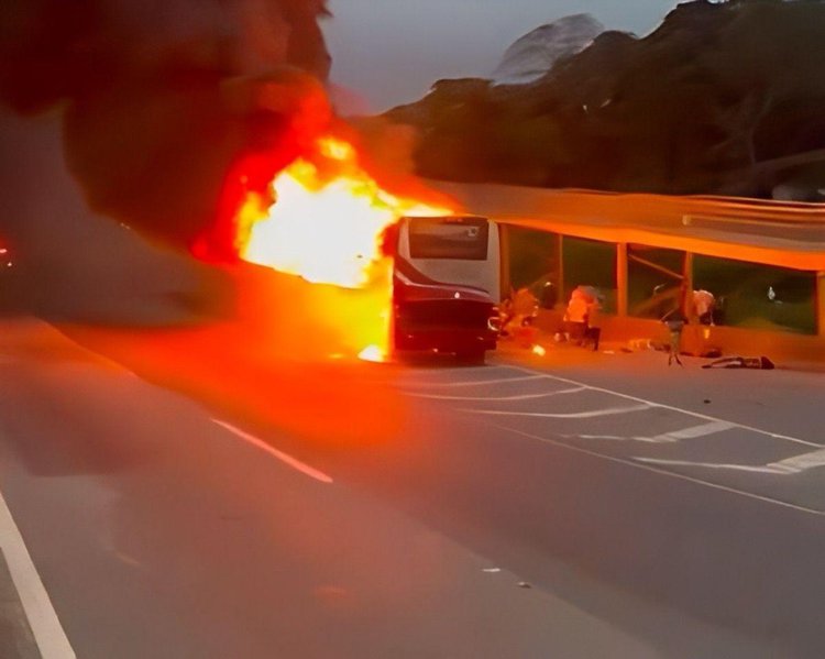 Ônibus pega fogo na rodovia Fernão Dias, em Mairiporã (SP), durante briga entre torcidas organizadas do Palmeiras e do Cruzeiro.