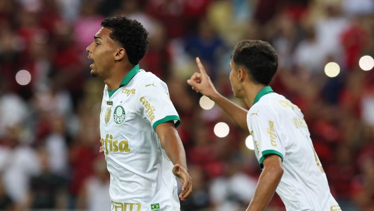 Os jogadores Luighi (à esquerda) e Vitor Reis durante partida contra o Flamengo, no Maracanã (Foto: Cesar Greco/Palmeiras/by Canon)