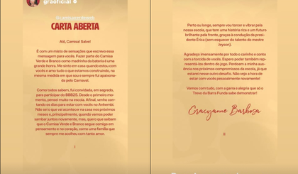 A influenciadora Gracyanne Barbosa publicou uma carta aberta para a escola de samba paulistana Camisa Verde e Branco. (Foto: Reprodução) A influenciadora Gracyanne Barbosa publicou uma carta aberta para a escola de samba paulistana Camisa Verde e Branco. (Foto: Reprodução)