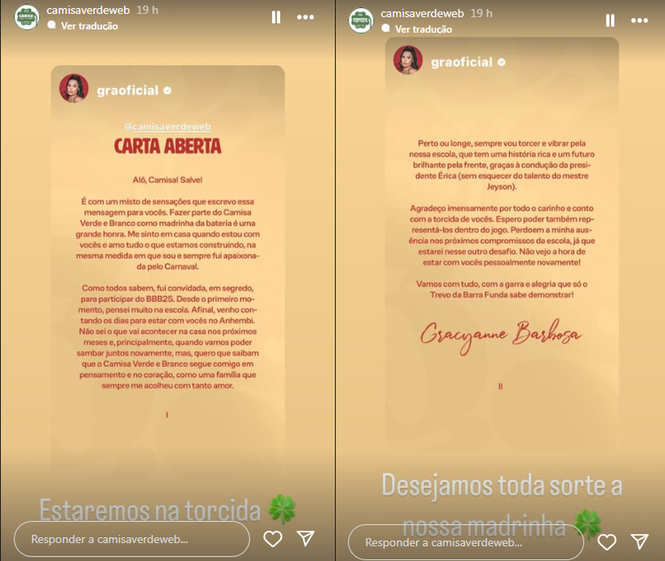 A influenciadora Gracyanne Barbosa publicou uma carta aberta para a escola de samba paulistana Camisa Verde e Branco.
