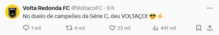Postagem do Volta Redonda provocou o Fluminense pela passagem na Série C do Brasileiro
