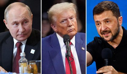 Presidente da Rússia, Vladmir Putin, presidente dos EUA, Donald Trump e presidente da Ucrânia, Volodymyr Zelensky. (Foto: Reuters)