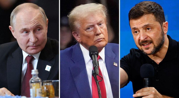 Presidente da Rússia, Vladmir Putin, presidente dos EUA, Donald Trump e presidente da Ucrânia, Volodymyr Zelensky.