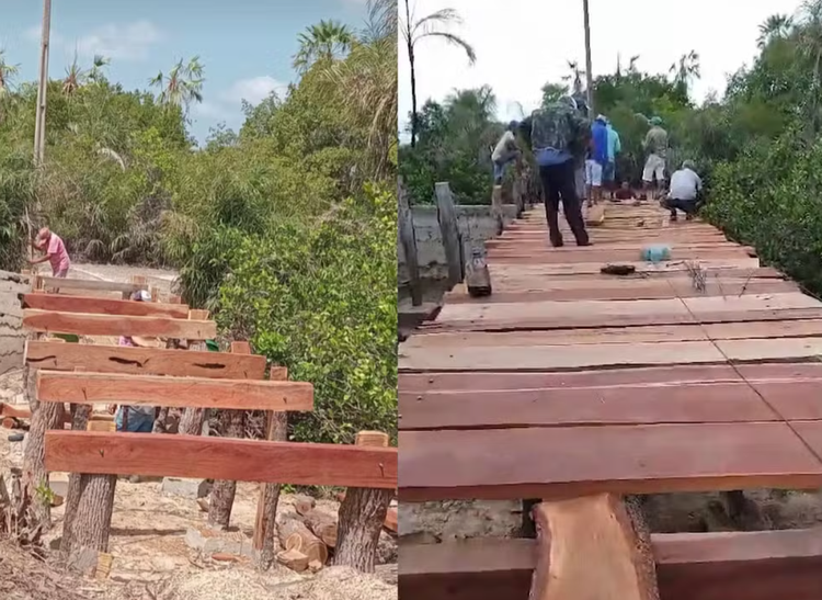 A ponte improvisada é feita de madeira e fica entre duas comunidades da zona rural do município.