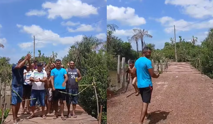 Moradores inauguraram ponte com churrasco e 'corte de faixa'. (Foto: Reprodução)