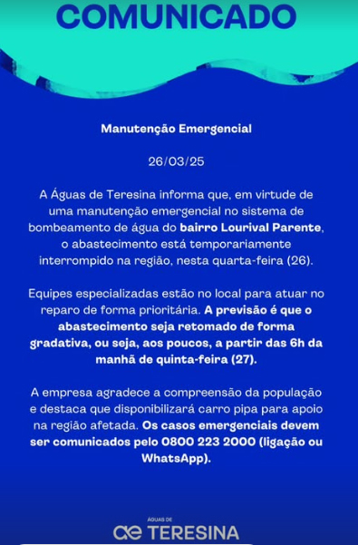 Manutenção emergencial deixa moradores do Lourival Parente sem água até amanhã