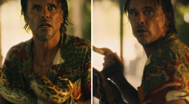 Walton Goggins, que faz parte do elenco da 3a temporada, interage com cobras em um dos episódios• Instagram/Max