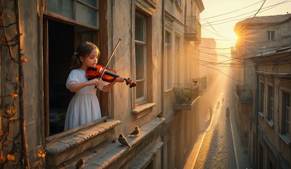 A menina e o violino (Foto: Gerado por IA) A menina e o violino (Foto: Gerado por IA)
