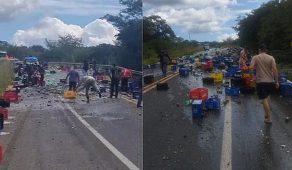 BR-343 fica interditada por cerca de 3 horas após carga de cervejas derramar. (Foto: Montagem g1) BR-343 fica interditada por cerca de 3 horas após carga de cervejas derramar. (Foto: Montagem g1)