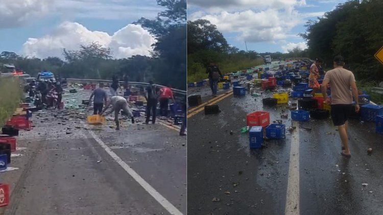 BR-343 fica interditada por cerca de 3 horas após carga de cervejas derramar.