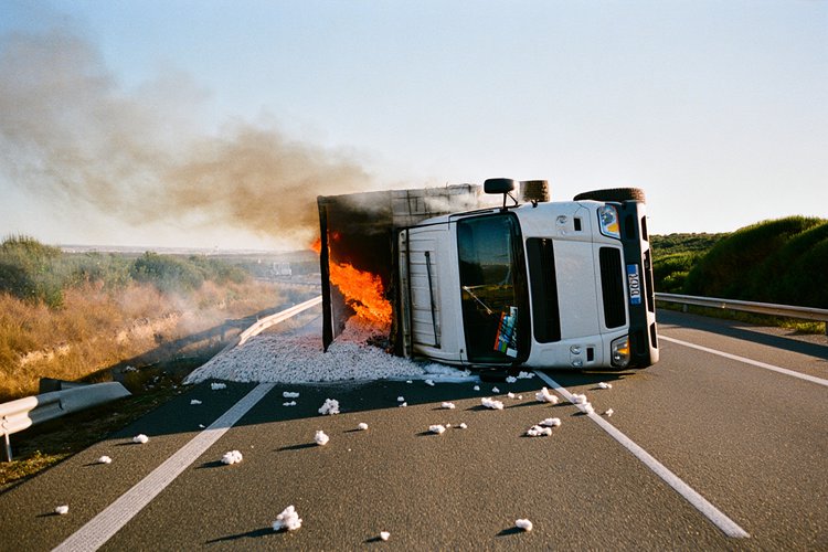 Caminhão de algodão pega fogo em rodovia de Oeiras. Imagem meramente ilustrativa, criada por Inteligência Artificial.