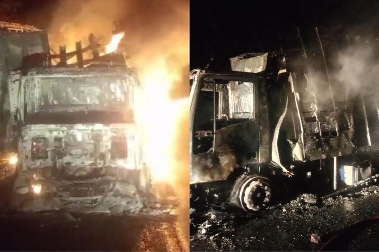 Incêndio destrói caminhão na BR-343; motorista não se fere.