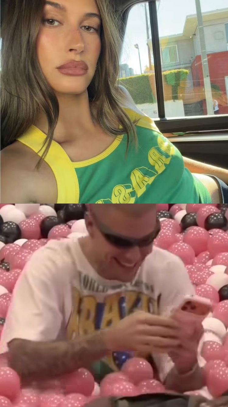 Justin e Hailey Bieber Usando camisetas com o nome do Brasil