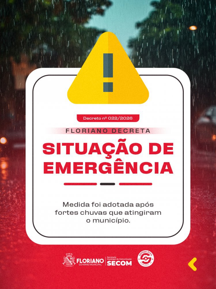 Prefeitura de Floriano decreta situação de emergência após fortes chuvas no município.
