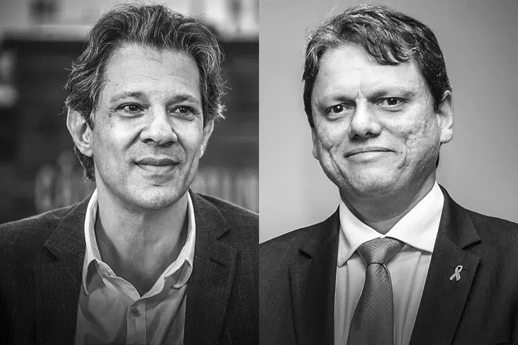 Vox Brasil: No cenário para o primeiro turno, Tarcísio aparece com 48,2% das intenções de voto, contra 32,3% de Haddad. (Haddad: Diogo Zacarias / Tarcísio: Alberto Ruy/Divulgação)